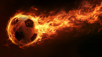 Flames engulf a soccer ball, leaving a trail of fire in its wake.