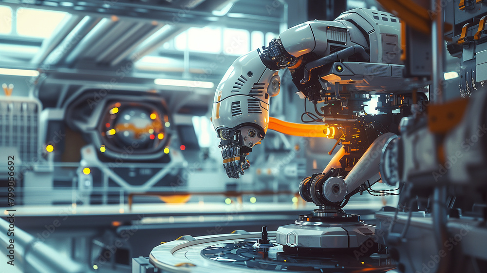Poster a robot is bent over and has a skull on its head. the robot is in a factory setting
