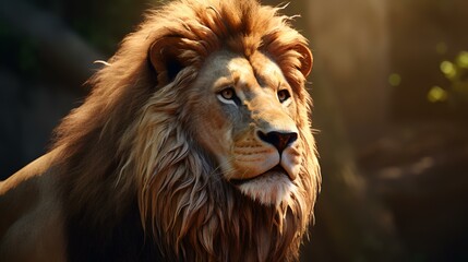 Naklejka premium Portrait of a lion in the sun. Portrait of a male lion.