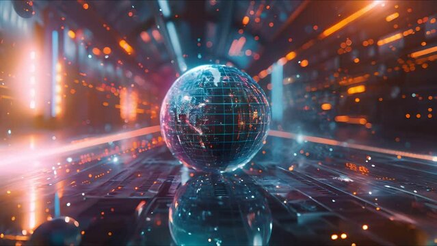 Wide angle view of a digital sphere in a high-tech environment, electronic innovation theme