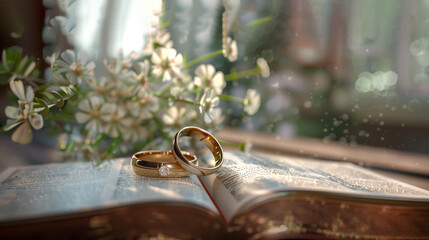 Two gold wedding rings on open bible with flowers in the background