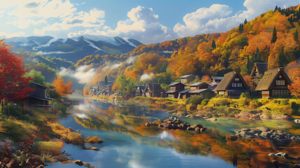 A picturesque autumn scene of a quaint village nestled by a river, surrounded by trees with vibrant fall foliage