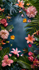 Tropical flowers and leaves on a dark background