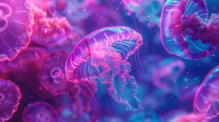 Purple jellyfishes floating in the water with bubbles
