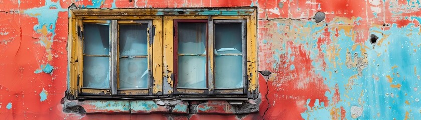A neglected historical building with peeling paint and broken windows, symbolizing cultural mistreatment and disregard - obrazy, fototapety, plakaty