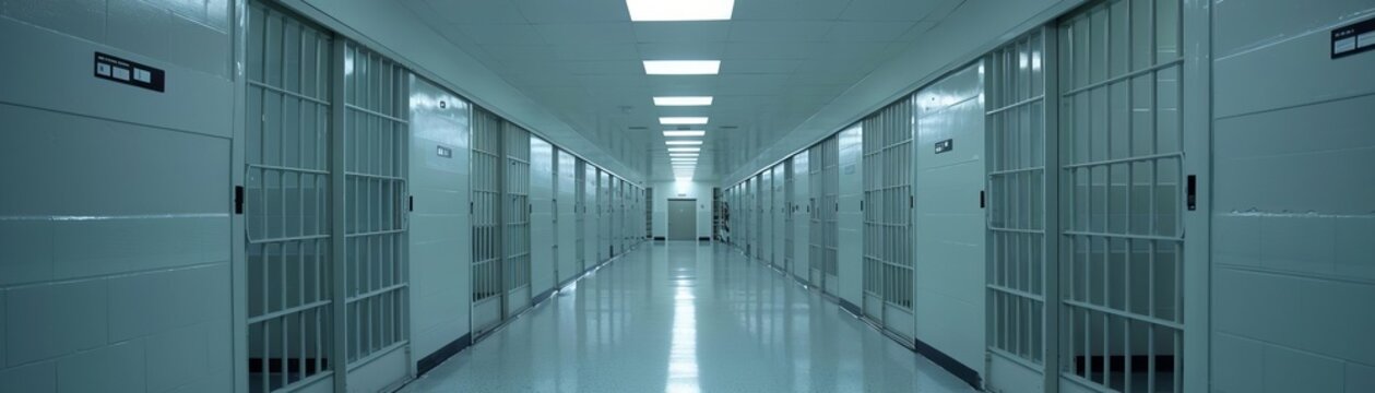 A jail visiting area with families separated by glass partitions, capturing moments of connection despite physical barriers