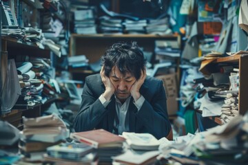 A worker looking exhausted and overwhelmed in a chaotic office environment, illustrating mistreatment in workplace conditions