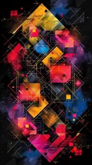 Abstract digital artwork depicting multiple dimensions intersecting, with vibrant colors and geometric shapes on a black background