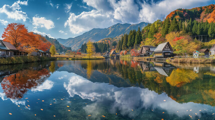 Fototapeta na wymiar An idyllic autumn setting with traditional Japanese houses reflected in a calm lake surrounded by vibrant fall foliage