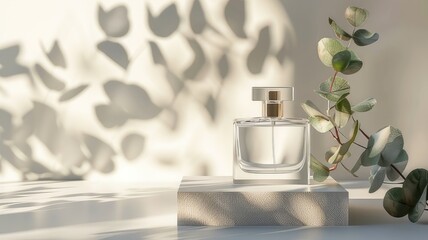 Elegant Perfume Presentation Glass Perfume Bottle on White Podium with Floral Eucalyptus Arrangement in Minimal Mockup Style and Soft Focus
