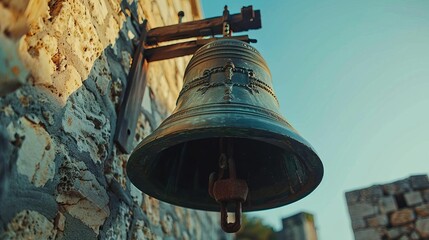 Closeup of a large bell ringing loudly in a historical tower, resonating sound waves visible against a clear sky