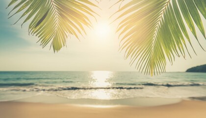 Fototapeta na wymiar Beachside Bliss: Palm Leaf Blur with Bokeh Sunlight Waves