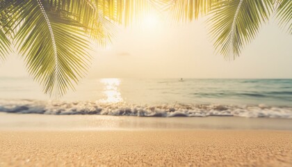 Coastal Calmness: Blurred Palm Leaf on Beach with Sunlight Flares