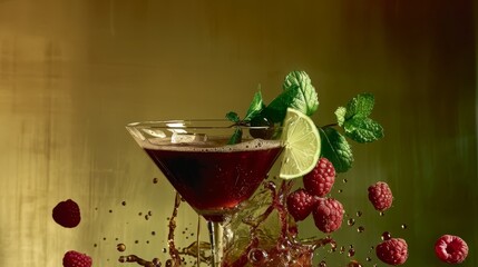   A glass holding a red-hued liquid, adorned with floating raspberries as accessories Nearby, a lime and mint garnish await