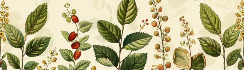 Vintage styled botanical illustration of seeds and pods, annotated with scientific names, ideal for educational or decorative use