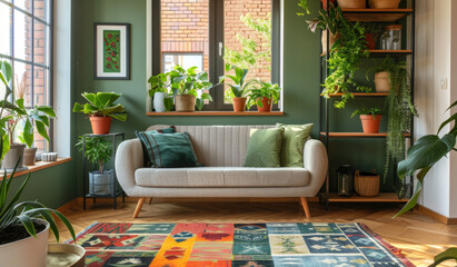 Modern living room with a wooden floor, sofa and colorful carpet in an Amsterdam apartment with a green window, plants on a shelf, interior design of home decor