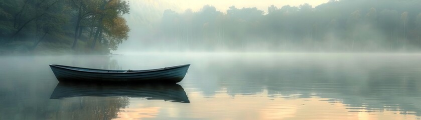 Fototapeta premium A boat quietly drifting on a misty lake early in the morning, with reflections of surrounding trees in the calm water