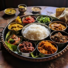 a metal tray filled with different types of food
