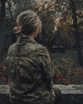 A Female Veteran Looking Out Over A War Memorial, Her Reflection Visible In The Polished Stone, Conveying Reflection And Honor