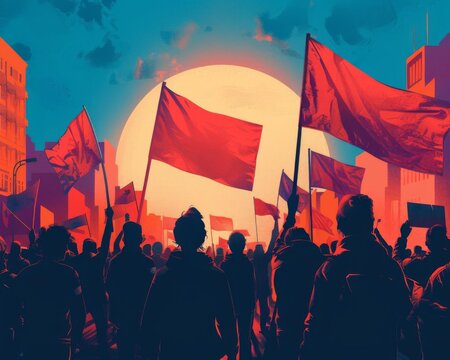 A group of protesters waving flags and banners in a peaceful demonstration, advocating for radical social change