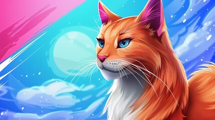 A beautiful painting of a cat with blue eyes and a fluffy orange tail sitting in a field of flowers with a blue sky and white clouds in the background.