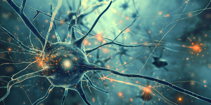 Neuron cells with glowing synapses. 3D illustration of a biological neural network concept, representing scientific research into the human brain and nervous system.