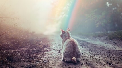 Symbolic Journey Cute Pet Cat's Departure to Afterlife Represented by Journey to Rainbow