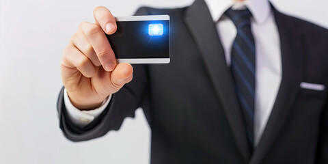 Businessman presenting a credit card with a glowing chip symbol. Concept of technology, digital identity, and modern business