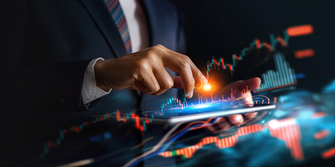 Business professional analyzing interactive financial chart on a digital tablet. Fintech and market analytics concept with a focus on investment and data analysis.