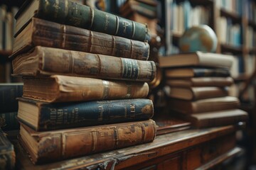 Antique vibes resonating from a collection of aged books in a vintage library , superrealistic