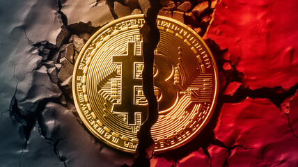 bitcoin coin Broken into two pieces, representing a time of decreasing value or halving