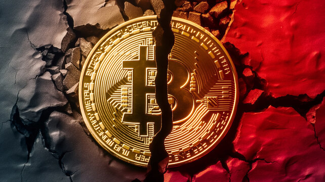 bitcoin coin Broken into two pieces, representing a time of decreasing value or halving