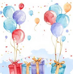 watercolor birthday background with balloons and gifts