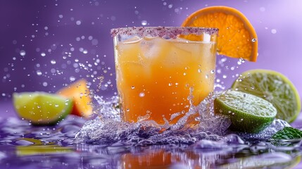   A glass of orange juice with a slice of lime, an orange on the side, and water splashing around