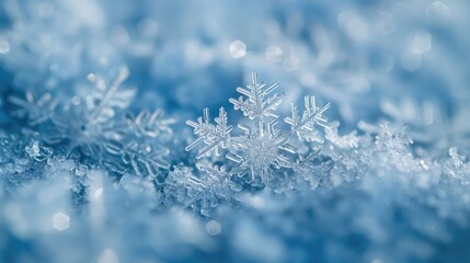 Close up of snowflake on blurred winter background. Seasonal Christmas banner with snow and free place for text