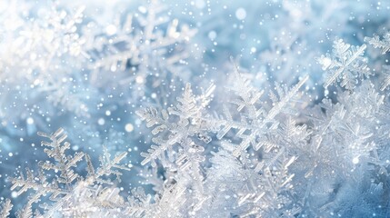 Fototapeta premium Close up of snowflake on blurred winter background. Seasonal Christmas banner with snow and free place for text