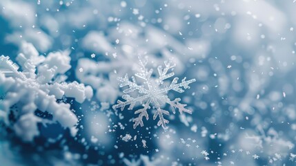 Close up of snowflake on blurred winter background. Seasonal Christmas banner with snow and free place for text