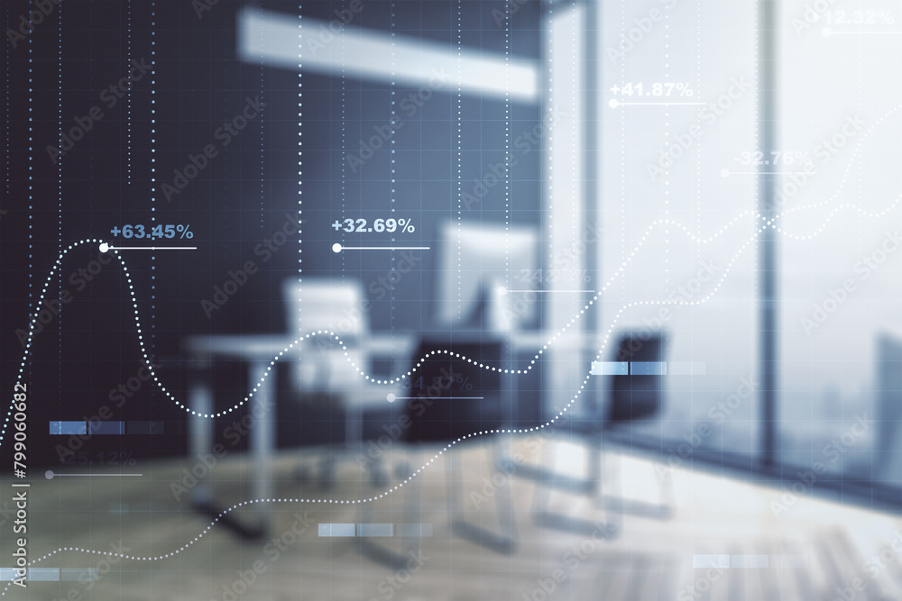 Poster multi exposure of abstract graphic data spreadsheet sketch and modern desktop with pc on background,