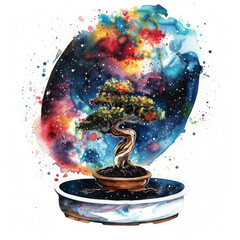Cosmic Bonsai Dreams Watercolor Universe