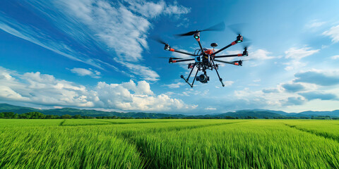Drone flying over green rice field with mountains and blue sky in the background. Technology in agriculture concept. Aerial view photography with copy space for design and print.