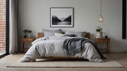 interior of modern bedroom with grey pillows on bed and blank poster