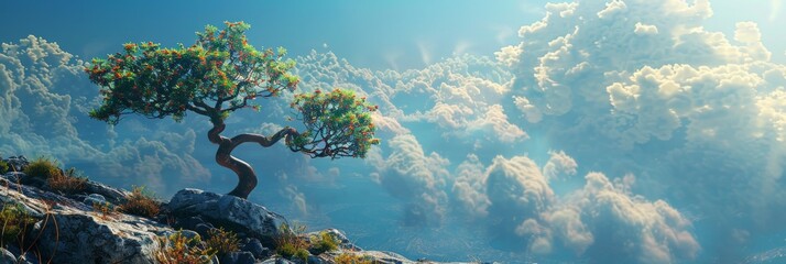 A Lonely Flowering Tree on A Rock, A Picturesque View, A Beautiful Meditative Landscape, Copy Space