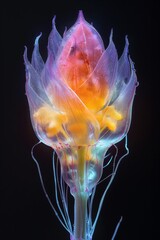Abstract beauty captured in a surreal, luminescent floral structure in colorized silverpoint photography against a dark backdrop
