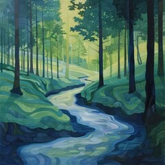 Artistic representation of a serene stream winding through a vibrant, stylized forest.