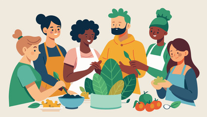 A diverse group of individuals work together to chop and season collard greens learning the importance of communal cooking and shared meals in African. Vector illustration