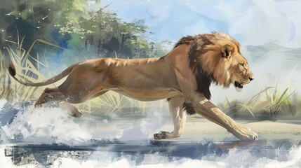 A lion is running in the savanna.