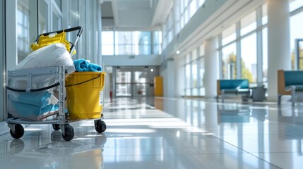 Professional janitorial cart fully equipped for cleaning in a bright spacious facility ensuring hygiene