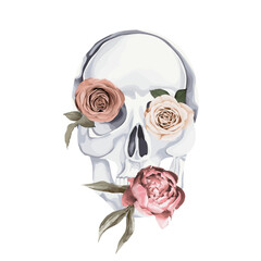 Black and white human skull with flowers, isolated on white background. Vector illustration. Gothic print