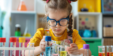 Young girl conducting experiments with test tubes and magnifying glass. Early education and science discovery concept.