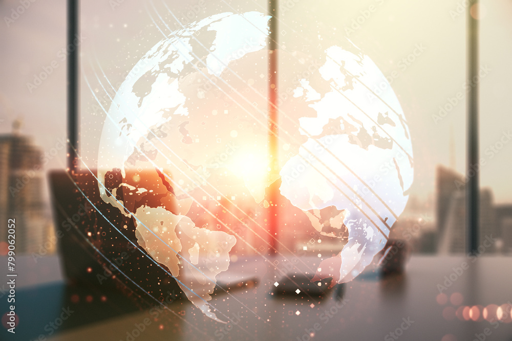 Poster multi exposure of abstract creative digital world map and modern desktop with laptop on background, 